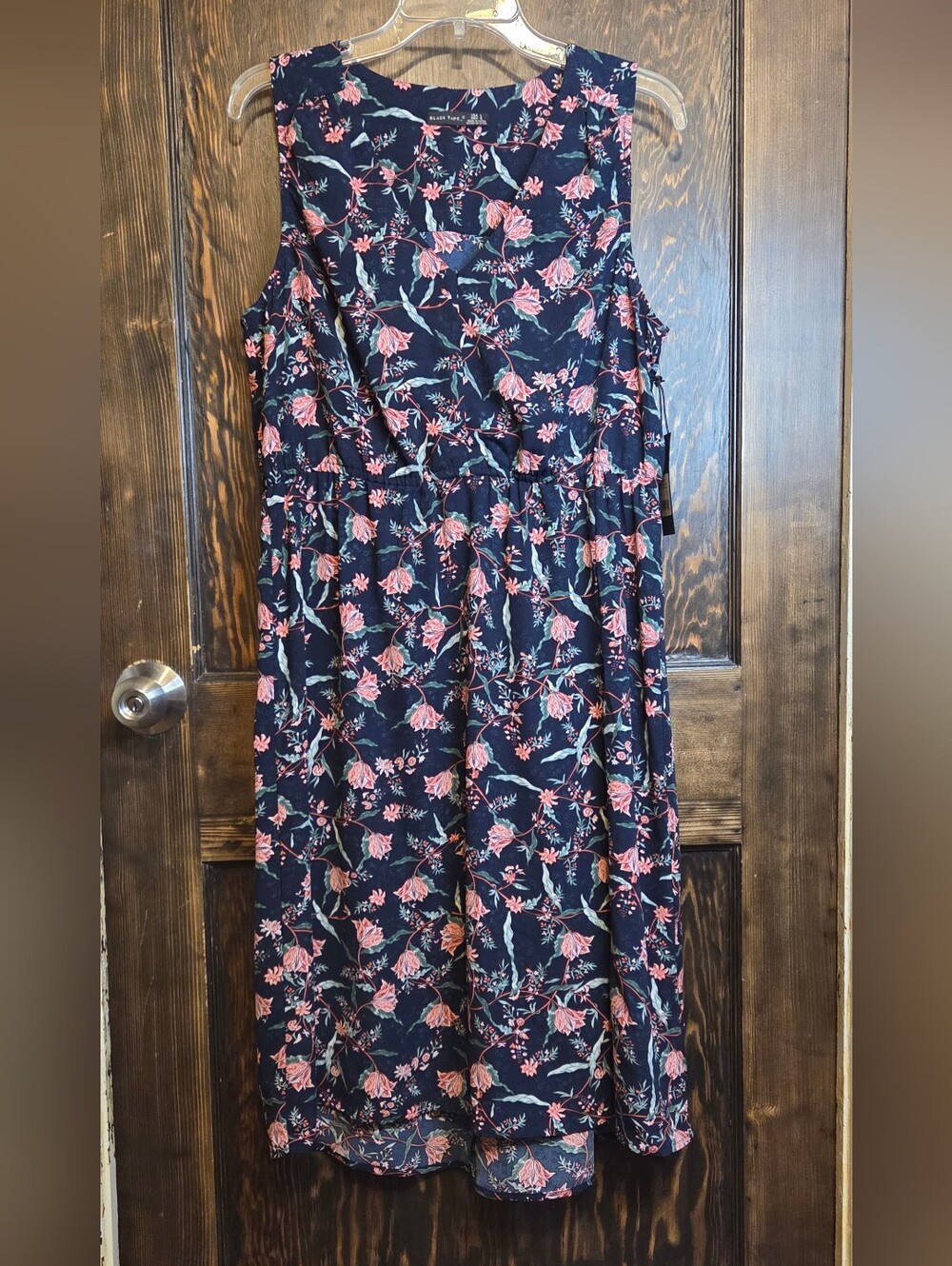 NWT Black Tape Floral Black Midi Shirt Dress with Pink Rose Print